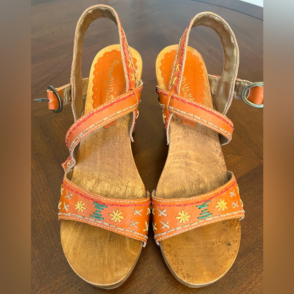 Something Else by Skechers Orange Embroidered Leather Wood Wedge Sandals